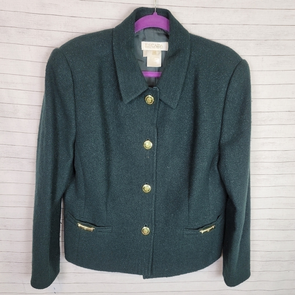 ESCADA BY MARGARETHA LEY VINTAGE  EMERALD GREEN WOOL BOUCLE JACKET, SZ 44